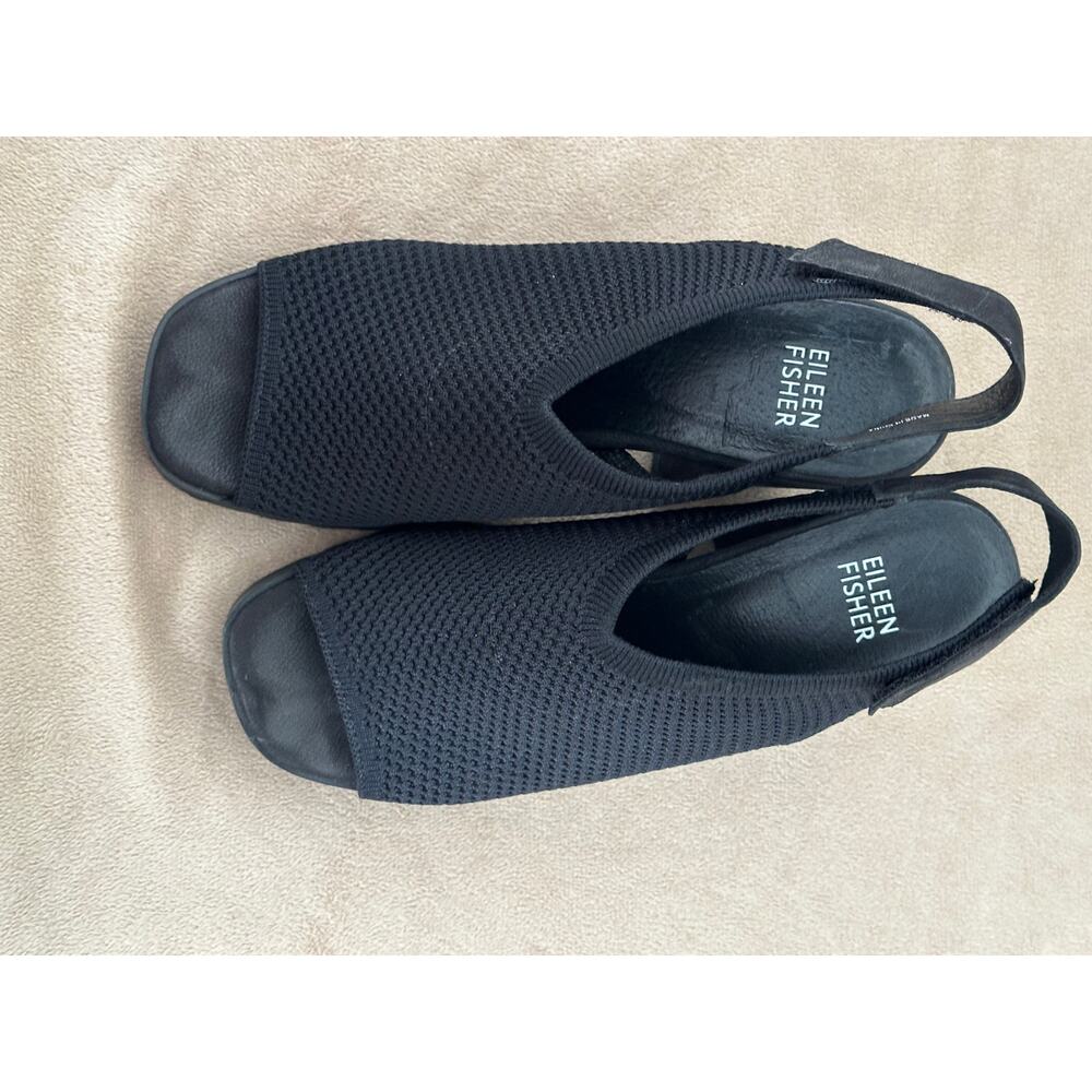 Eileen Fisher Womens 7 Cue Stretch Knit Sandals Black Mesh Platform Heels Lugged - Picture 4 of 7